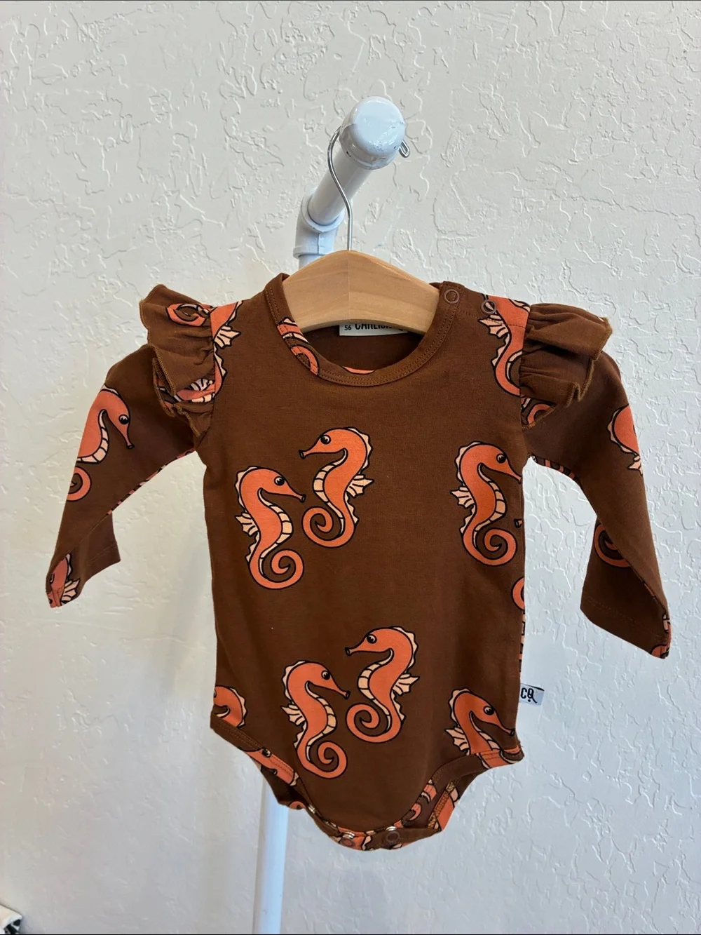 Brown Seahorse Print Long-Sleeve Baby Bodysuit